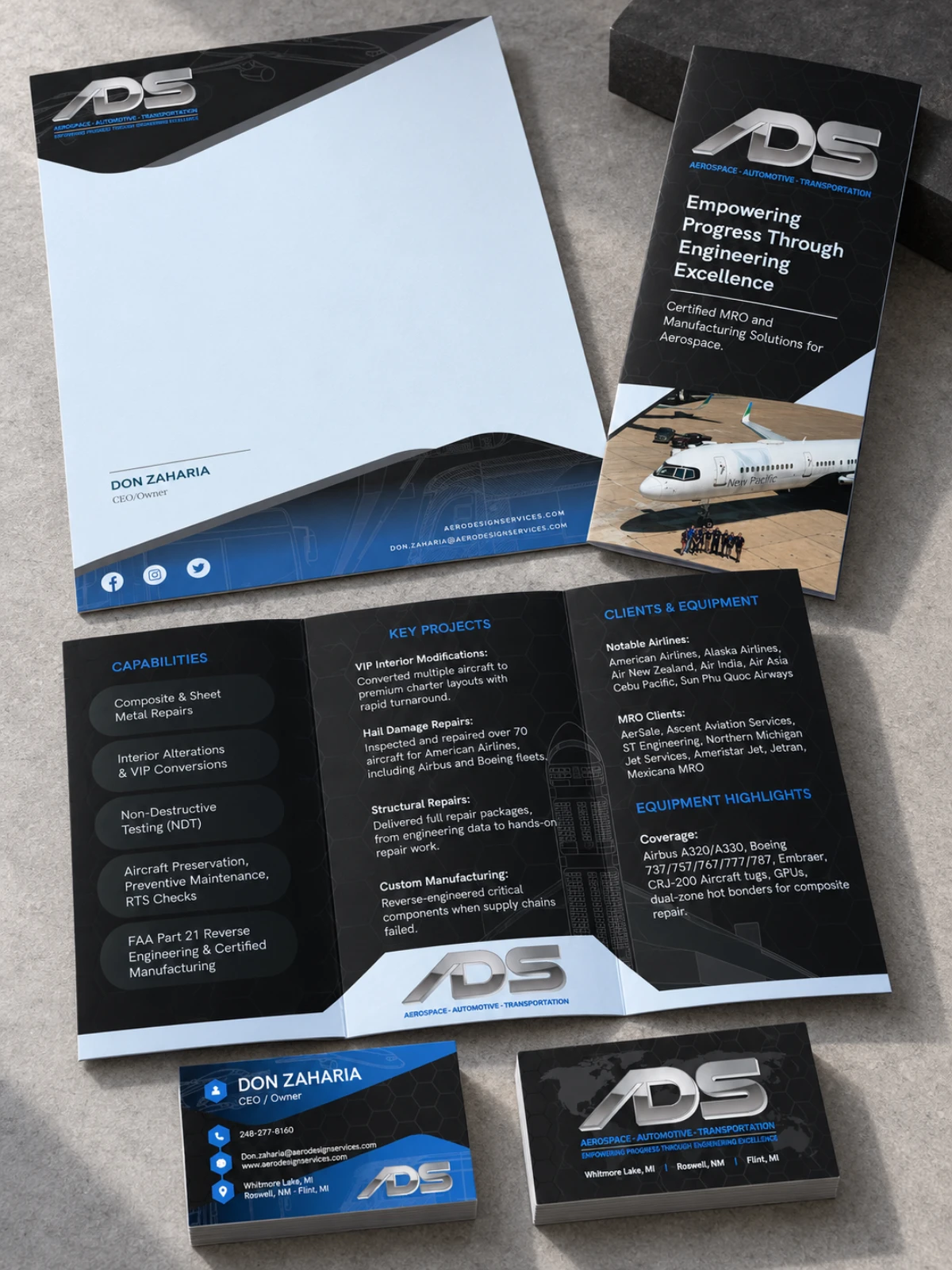 AeroDesign Services letterhead, brochure and business cards