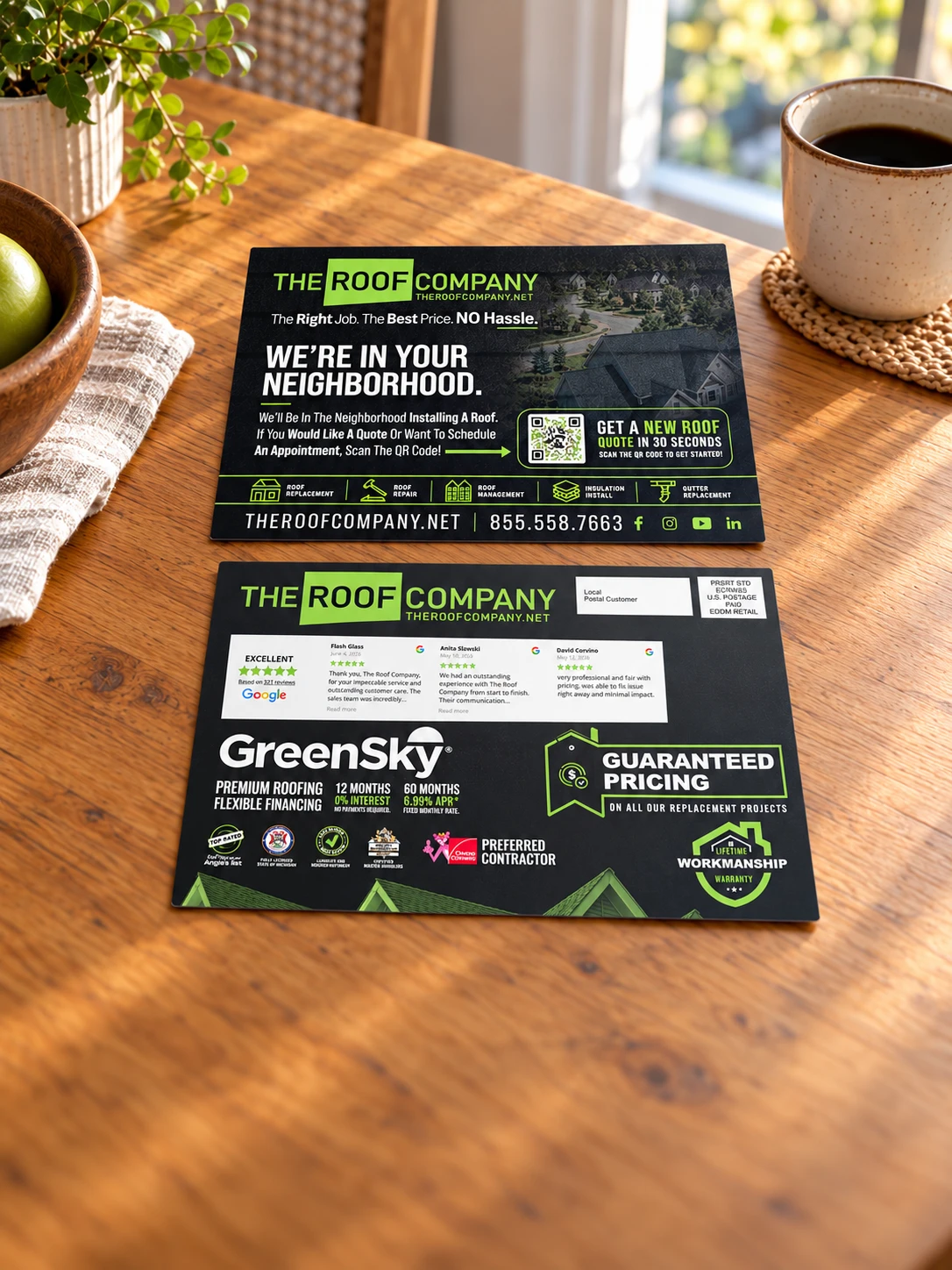 The Roof Company direct mail postcards on a kitchen table
