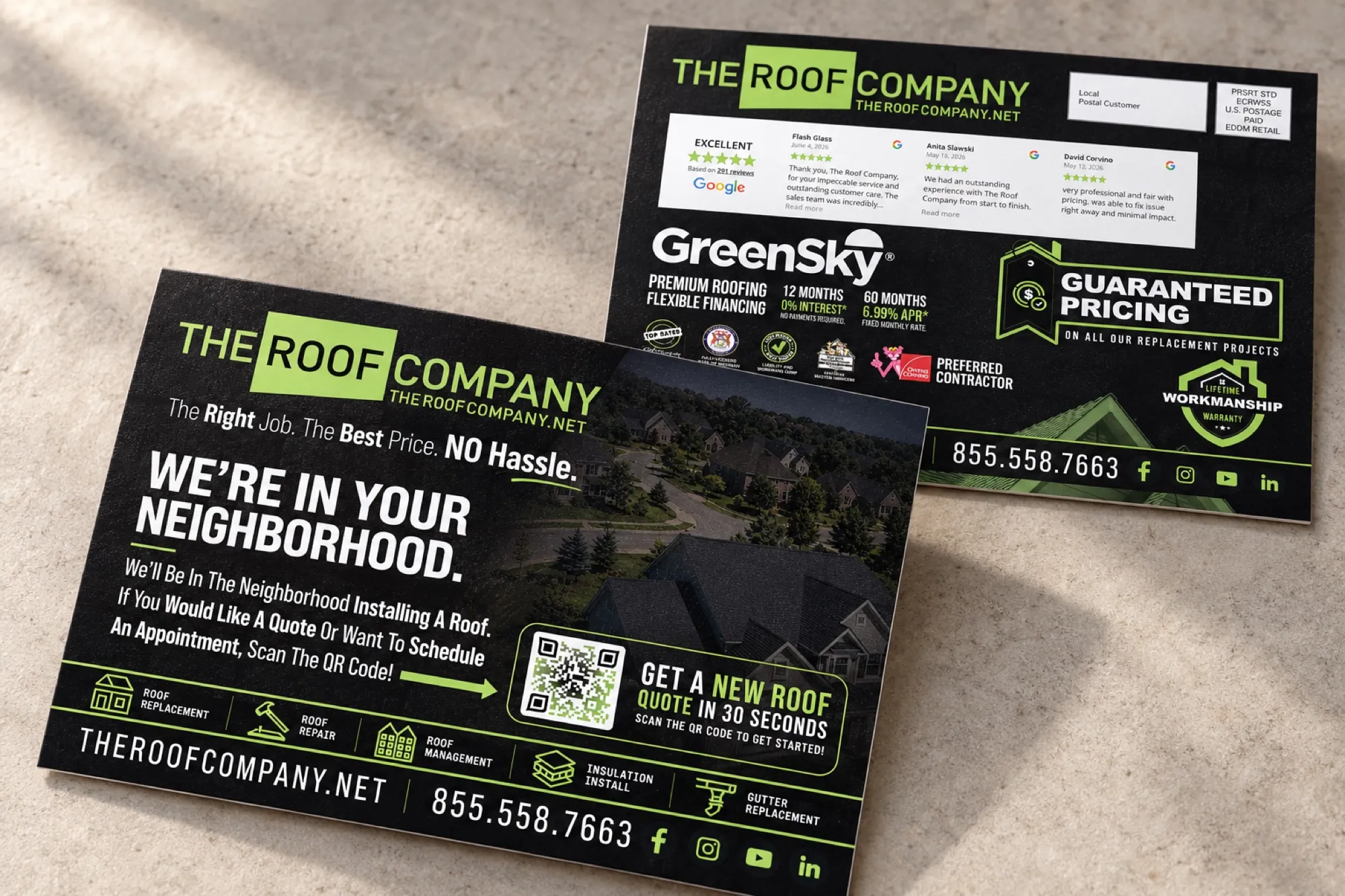 The Roof Company direct mail postcard, front and back