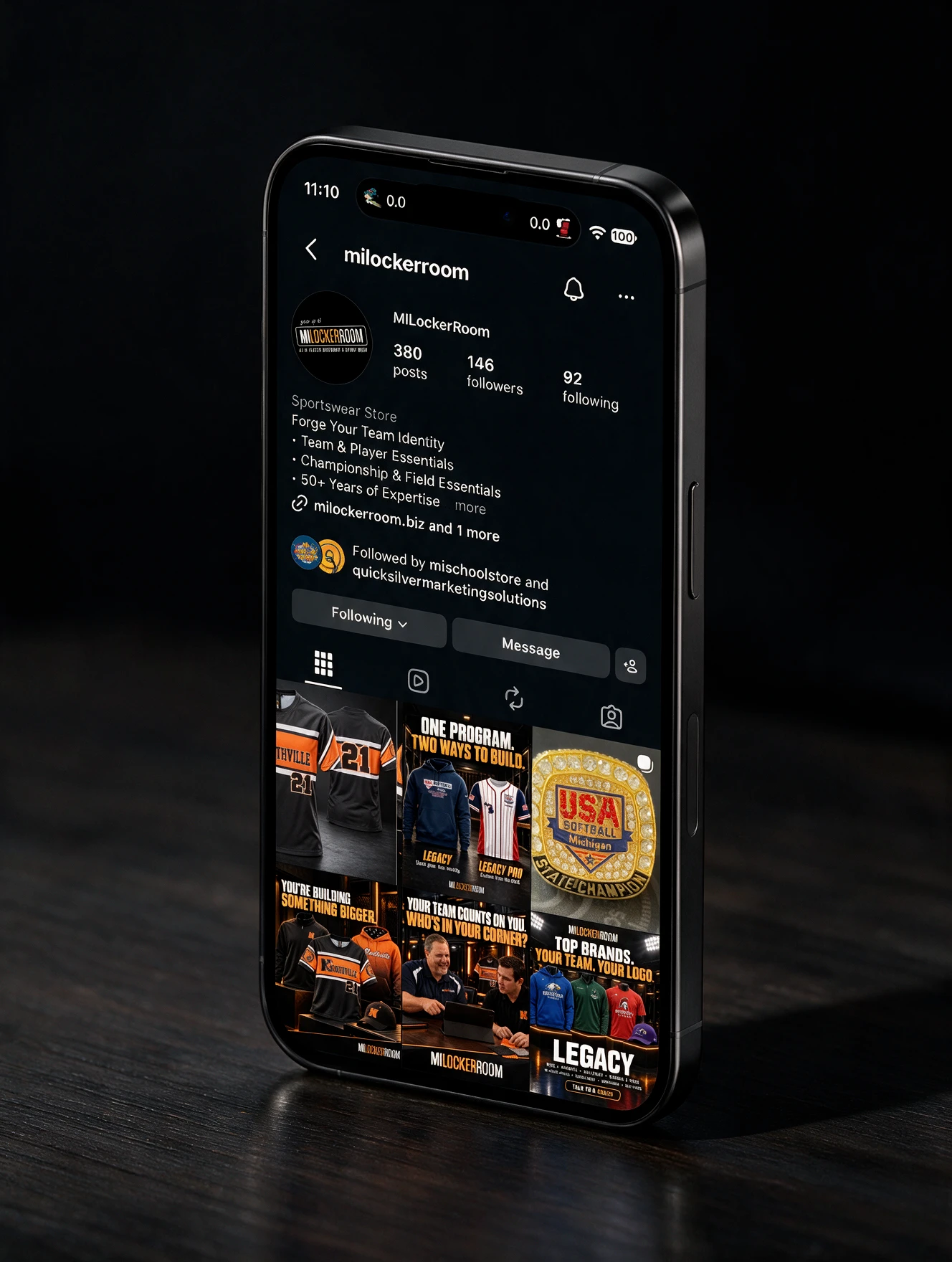 MiLockerRoom Instagram profile on a phone, showing team apparel posts