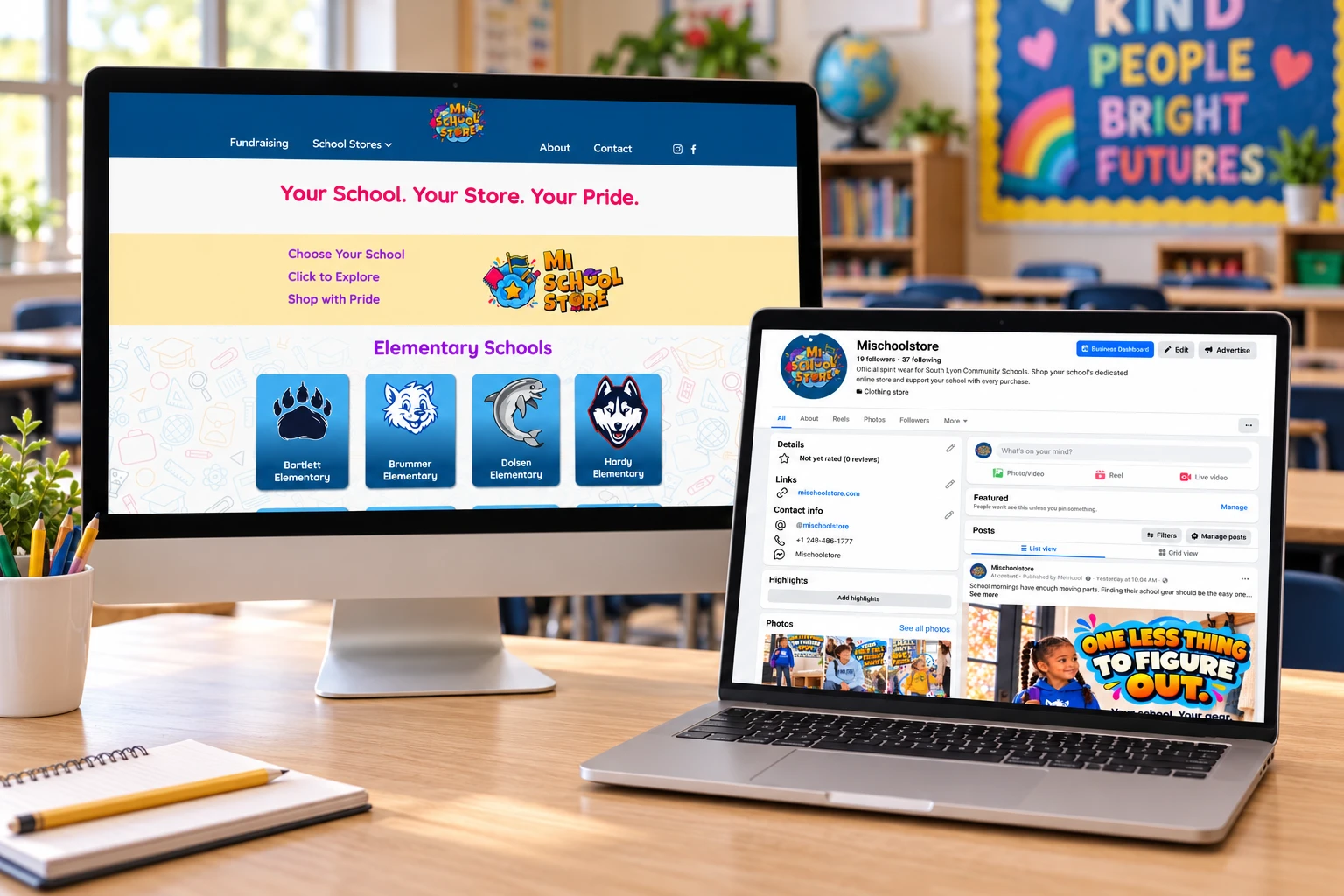 MiSchoolStore website and Facebook page on a desktop and laptop in a classroom