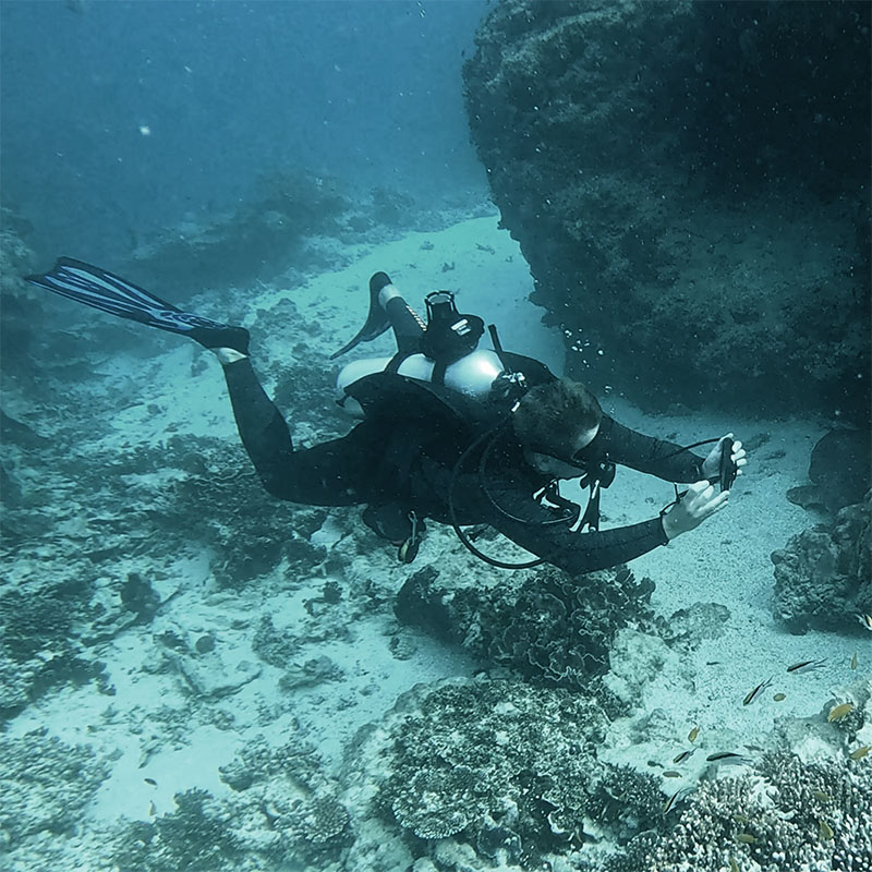 Scuba diver underwater using a handheld device near coral and rocky formations.