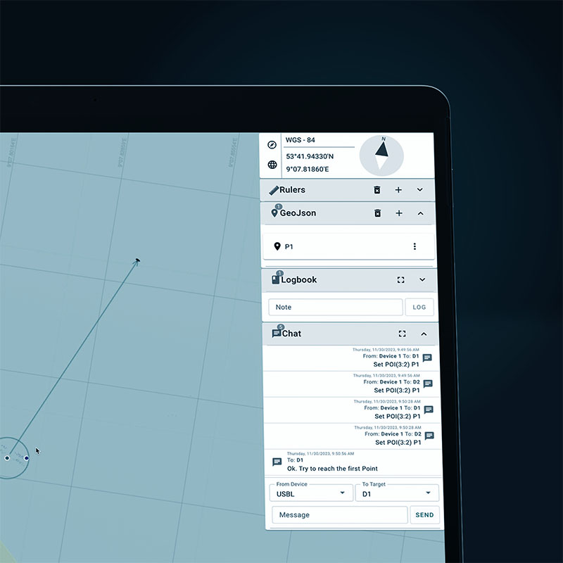 Close-up of a device screen showing a map interface with GPS coordinates, navigation tools, logbook input, and chat messages.