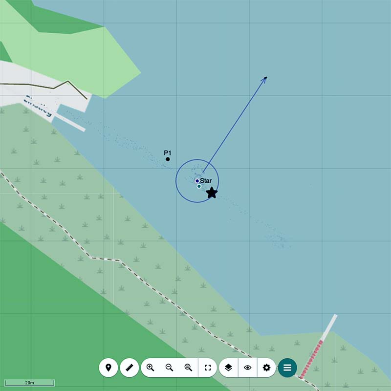 Digital map showing a coastal area with a marked star and label 'Star', a point labeled 'P1', a blue circular radius around the star, and an arrow pointing northeast from the star.