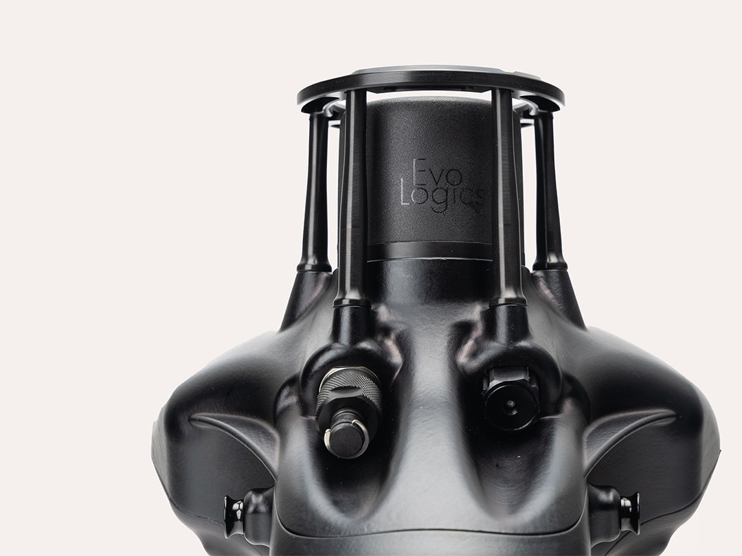 Close-up front view of a black Evo Logics underwater acoustic modem with antenna-like supports.