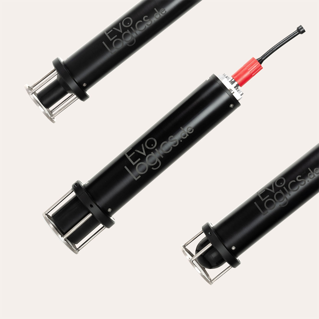 Three black cylindrical underwater sensors with protective metal cages, labeled EvoLogics, on a light background.