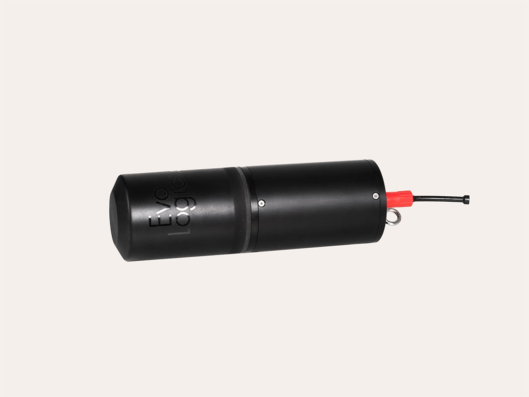 Black cylindrical device labeled 'EvoLogic' with a red connector and a cable extending from one end on a light background.