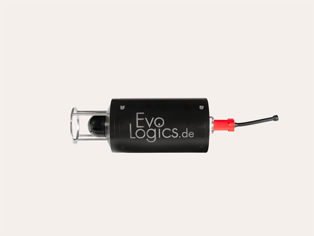 Black cylindrical underwater drone with protective front cage and red rear connector, labeled EvoLogics.de.