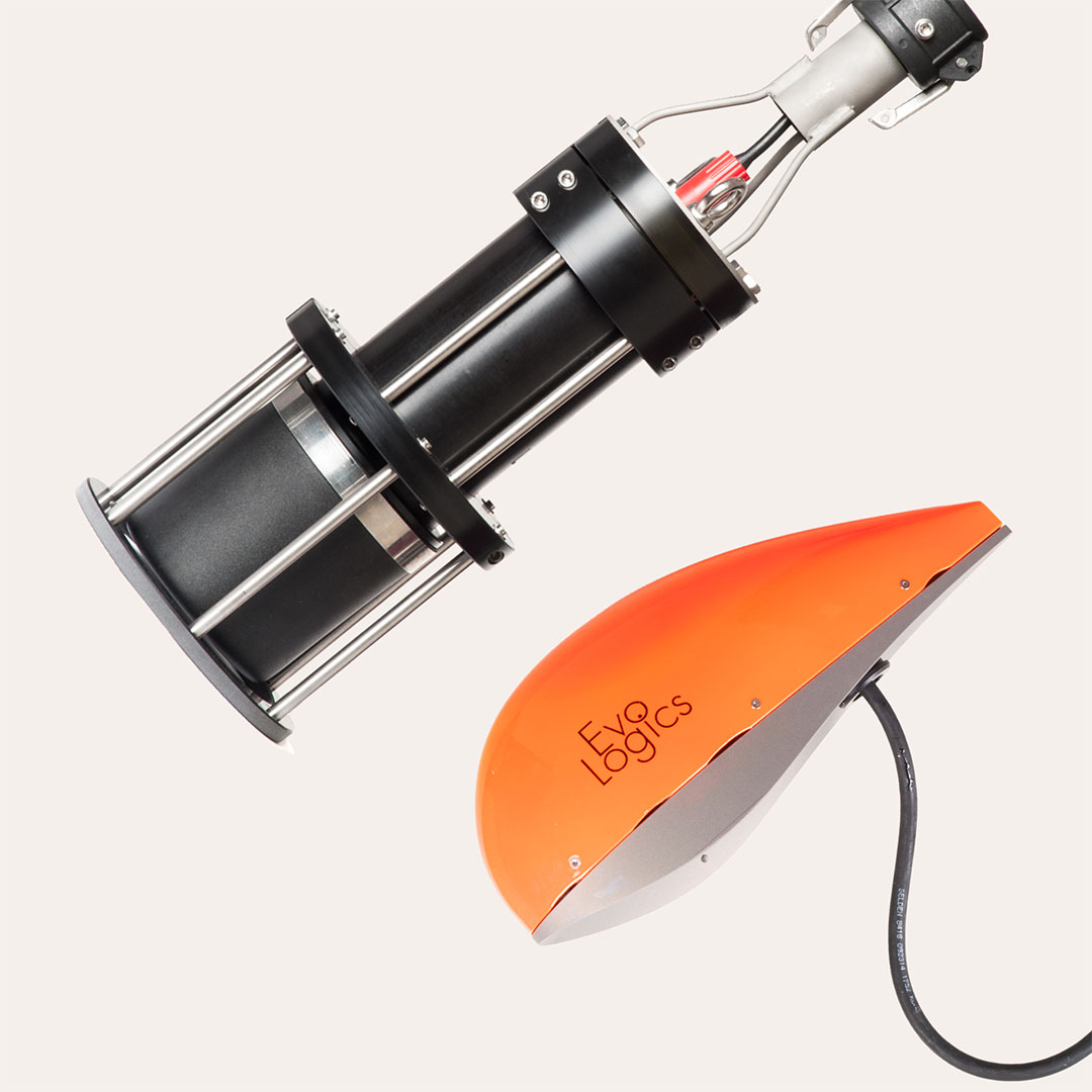 Underwater positioning sensor device with a black cylindrical component and an orange casing labeled 'Evo Logics'.