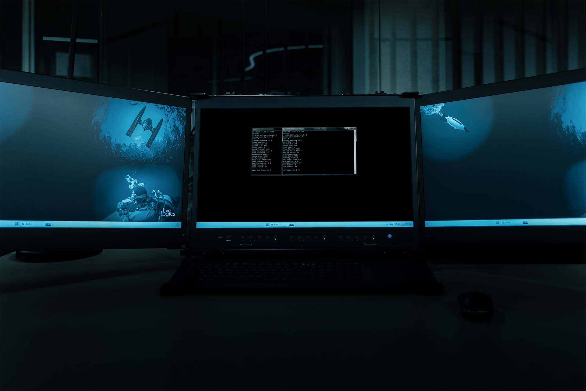 Three computer monitors displaying underwater scenes and a software interface, positioned in a dark room with a keyboard and mouse in front.