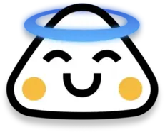 Smiling white triangular character with yellow cheeks and a glowing blue halo above its head.