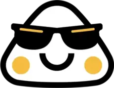 Stylized white triangular character with yellow cheeks wearing black sunglasses and a smile.
