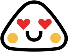 White triangular character with red heart-shaped eyes, a smiling black mouth, and two yellow circles as cheeks on a black background.