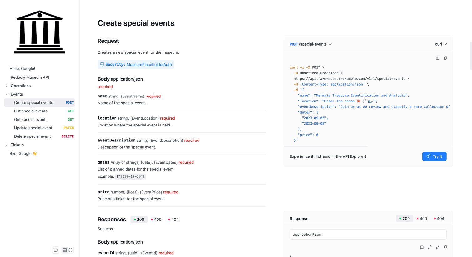 Redoc's three-panel documentation layout