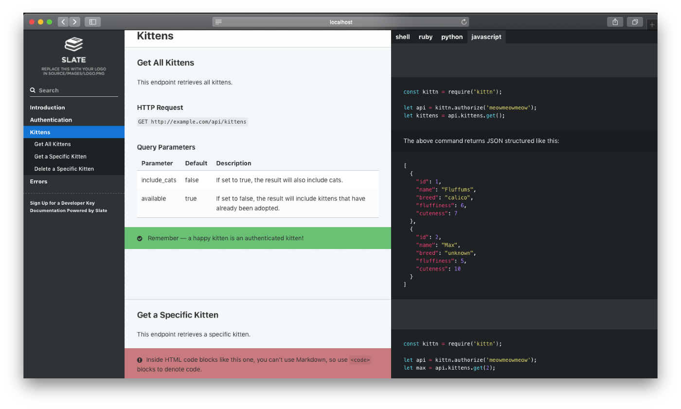 Screenshot of Slate's documentation UI