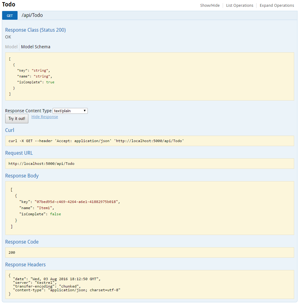 Swagger UI screenshot showing a GET request with a 'Try it out' button