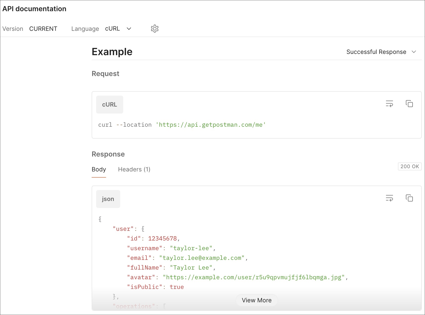 Postman UI showing generated API documentation