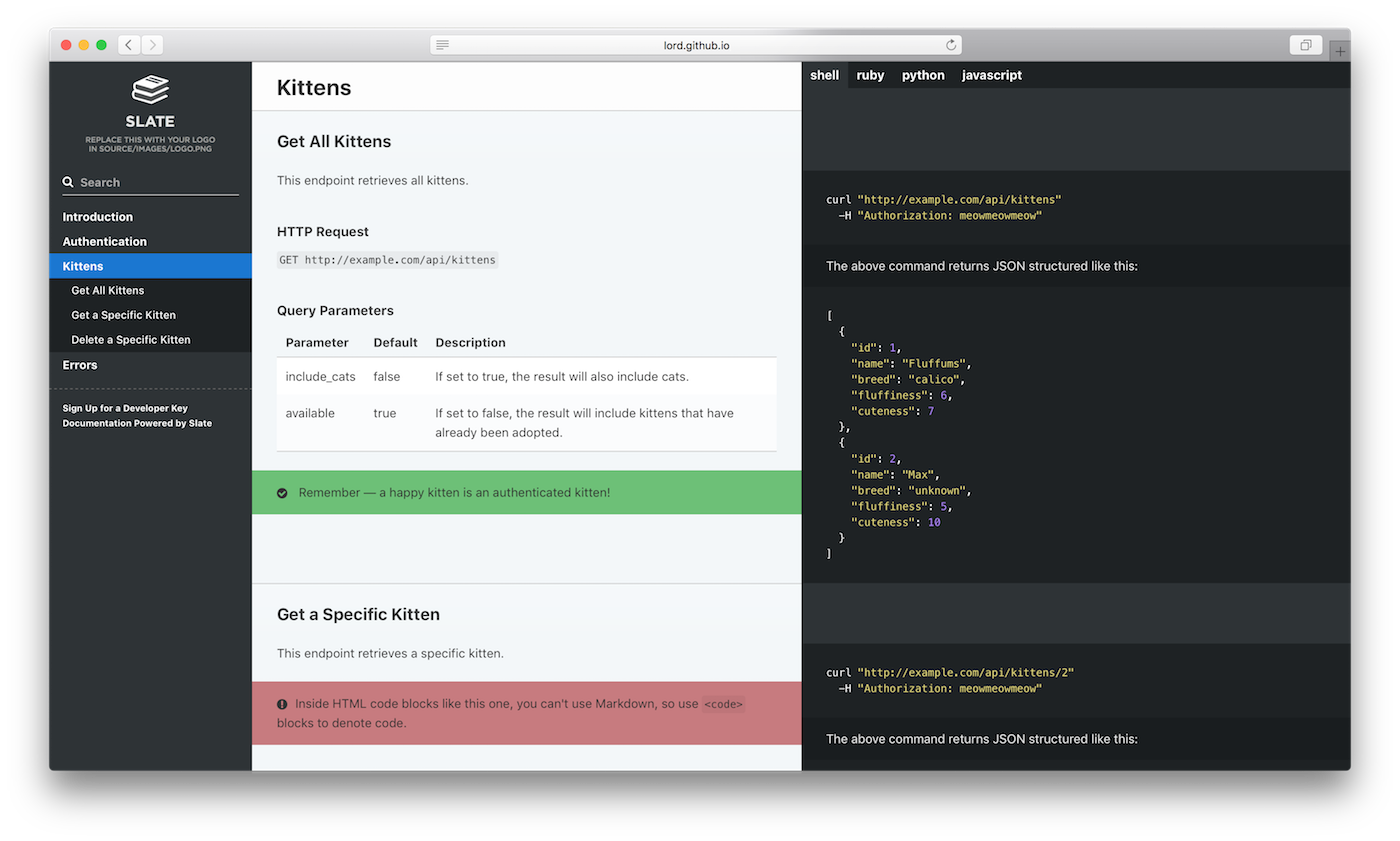 Screenshot of Slate's three-panel documentation layout