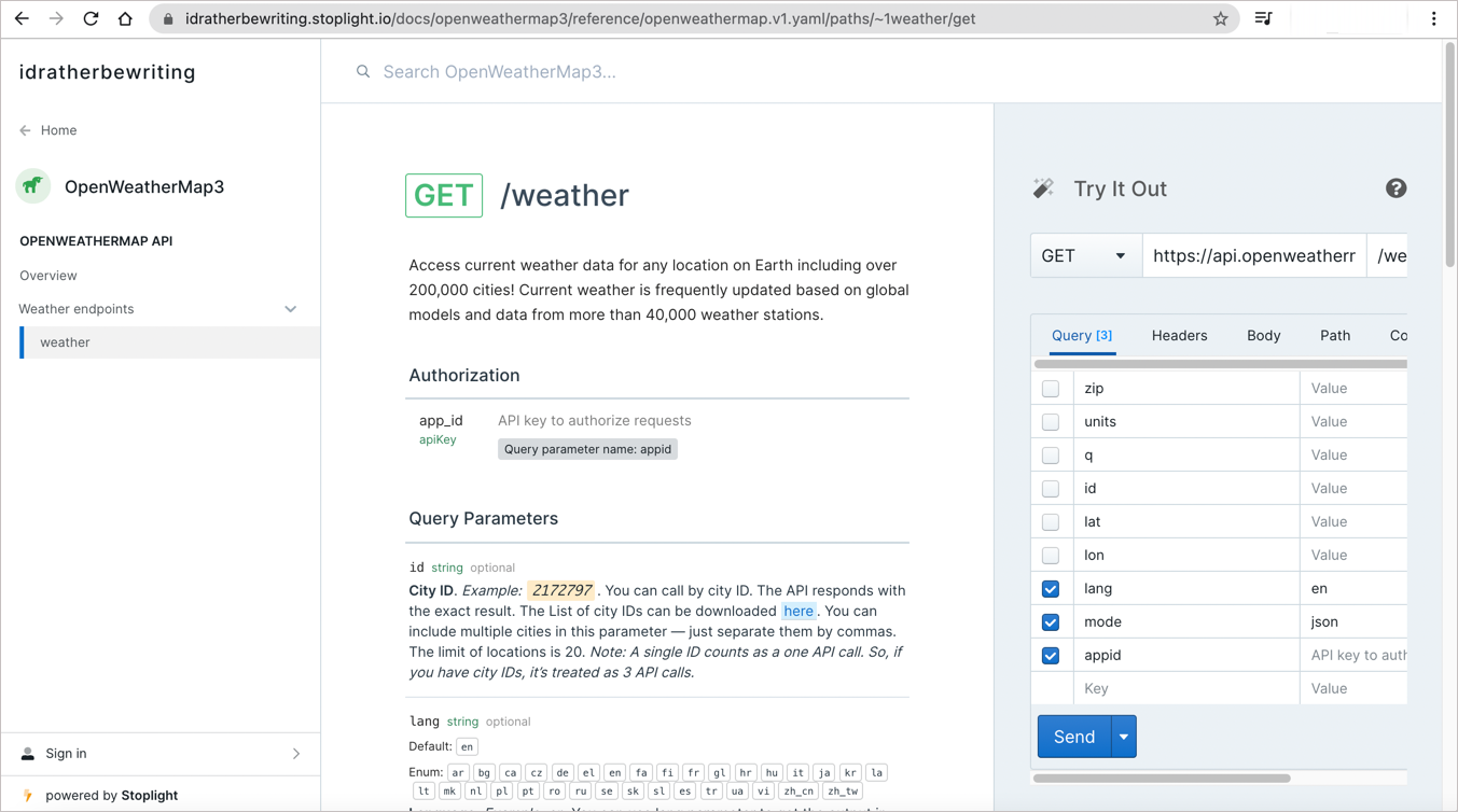 A screenshot of the Stoplight user interface, showing API documentation with a three-panel view.