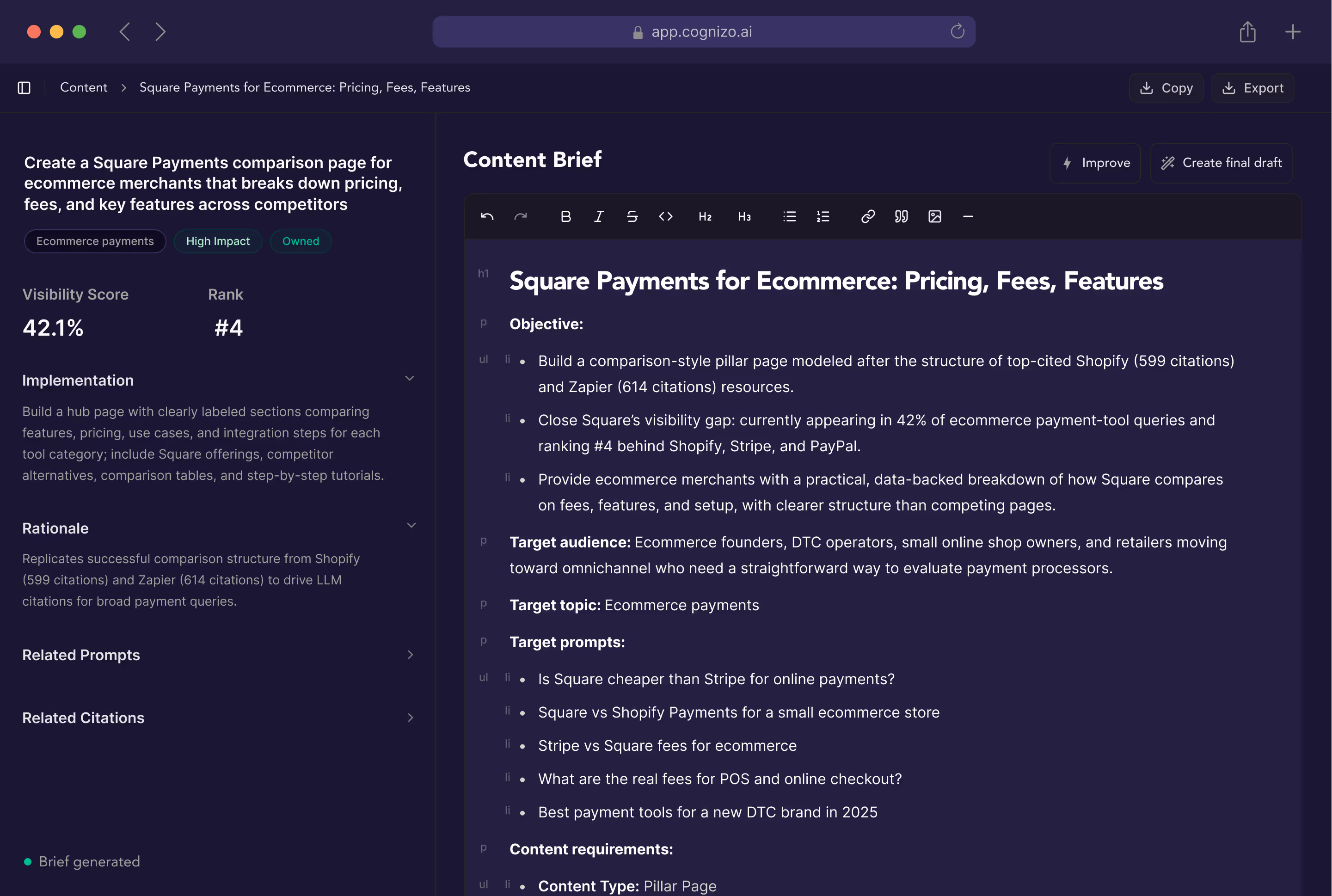 Screenshot of a content brief on app.cognizo.ai titled 'Square Payments for Ecommerce: Pricing, Fees, Features' detailing the objective, target audience, topic, prompts, and content requirements for a comparison page on ecommerce payment tools.