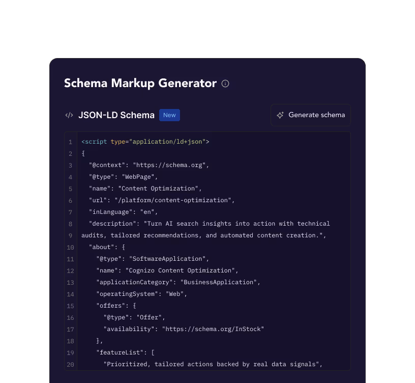 Screenshot of a Schema Markup Generator interface showing JSON-LD schema code for a content optimization webpage with technical details and features.
