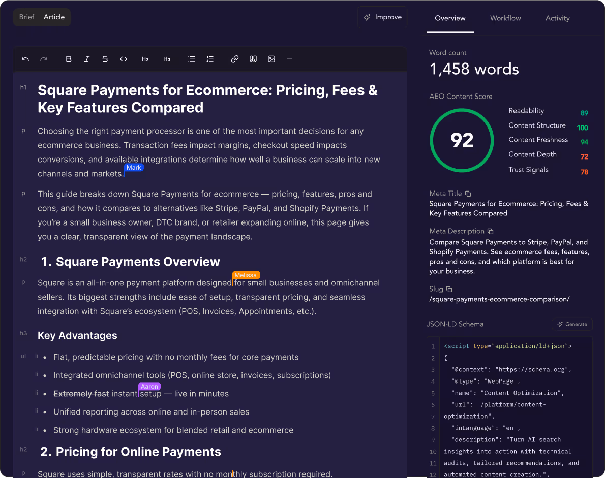 Content optimization tool interface showing an article titled 'Square Payments for Ecommerce: Pricing, Fees & Key Features Compared' with sections, key advantages, and SEO overview including word count and content scores.