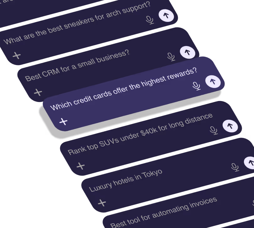 List of user queries on a dark background including: best sneakers for arch support, best CRM for small business, credit cards with highest rewards, top SUVs under $40k, luxury hotels in Tokyo, and tool for automating invoices.