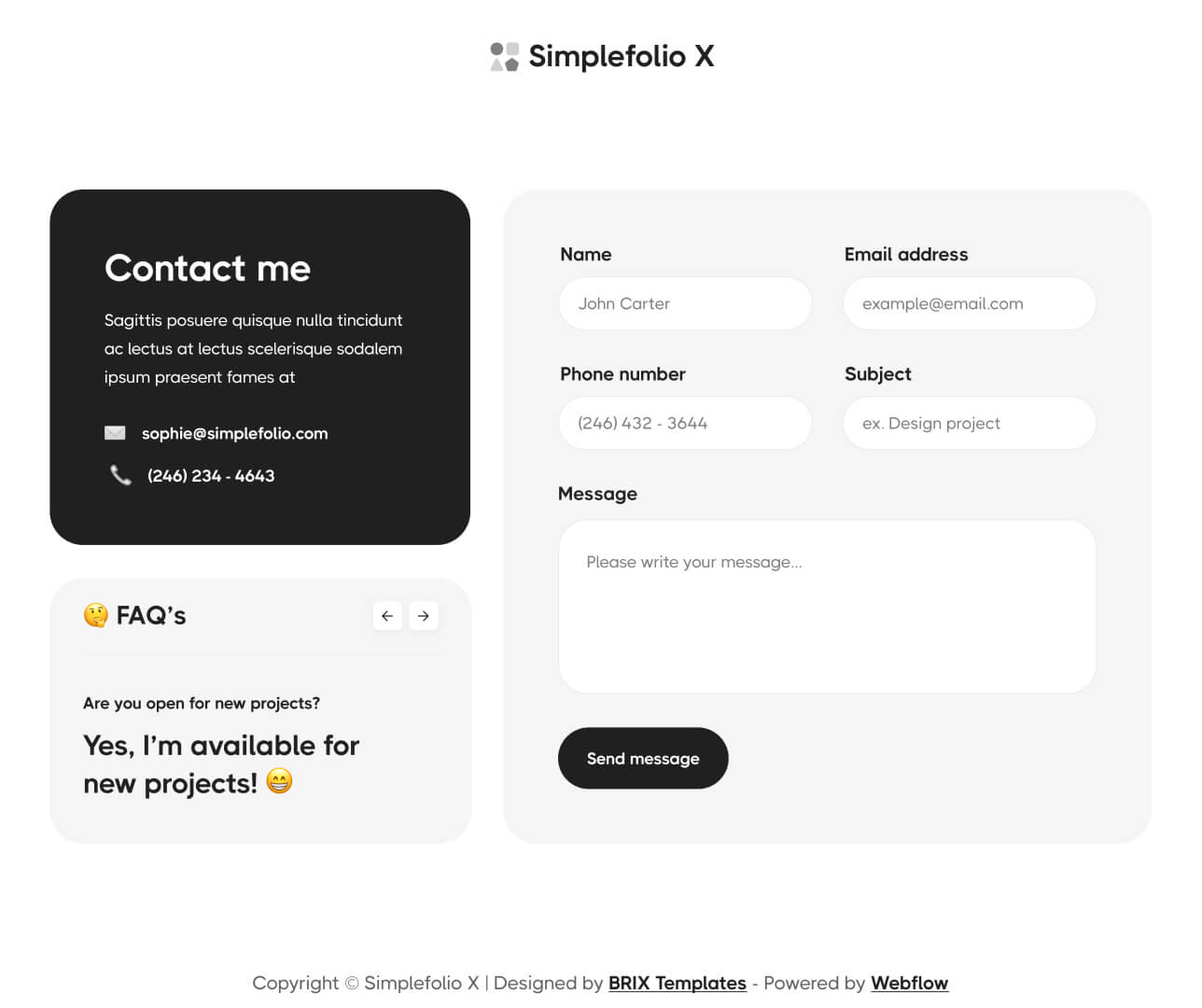 Simplefolio X - Contact Page - Design Portfolio Webflow Template