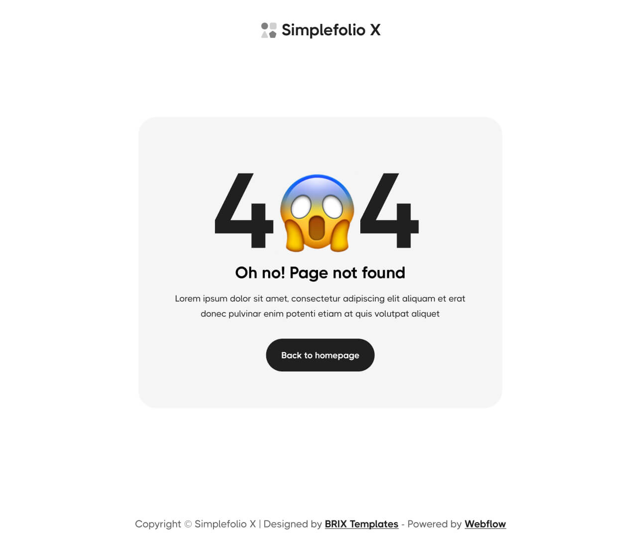 Simplefolio X - 404 Page - Design Portfolio Webflow Template