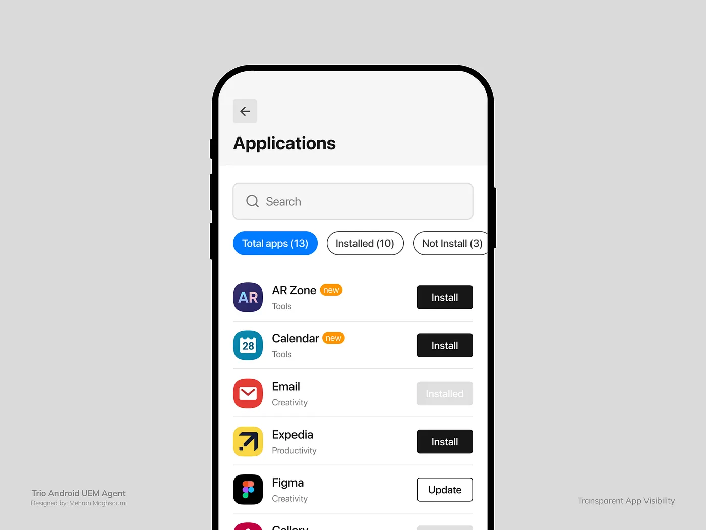 Screenshot of the UEM Android agent’s application management interface, showing a list of installed apps and options to add or remove them.
