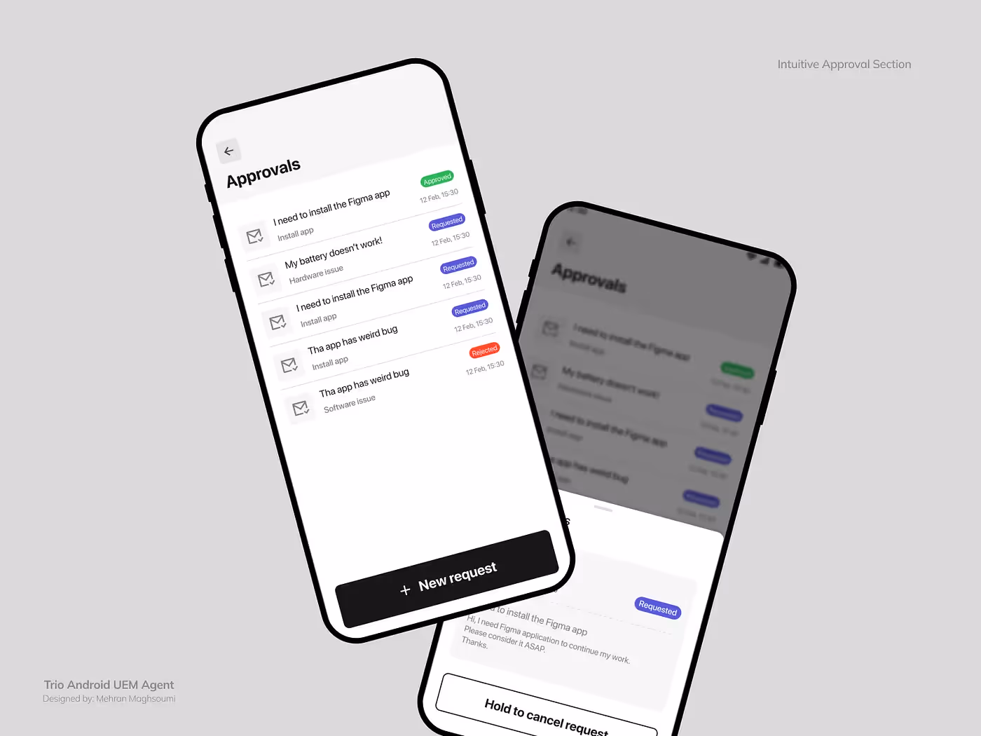 Screenshot of the approval section in the UEM Android agent, showing pending requests for app installations or configuration changes.