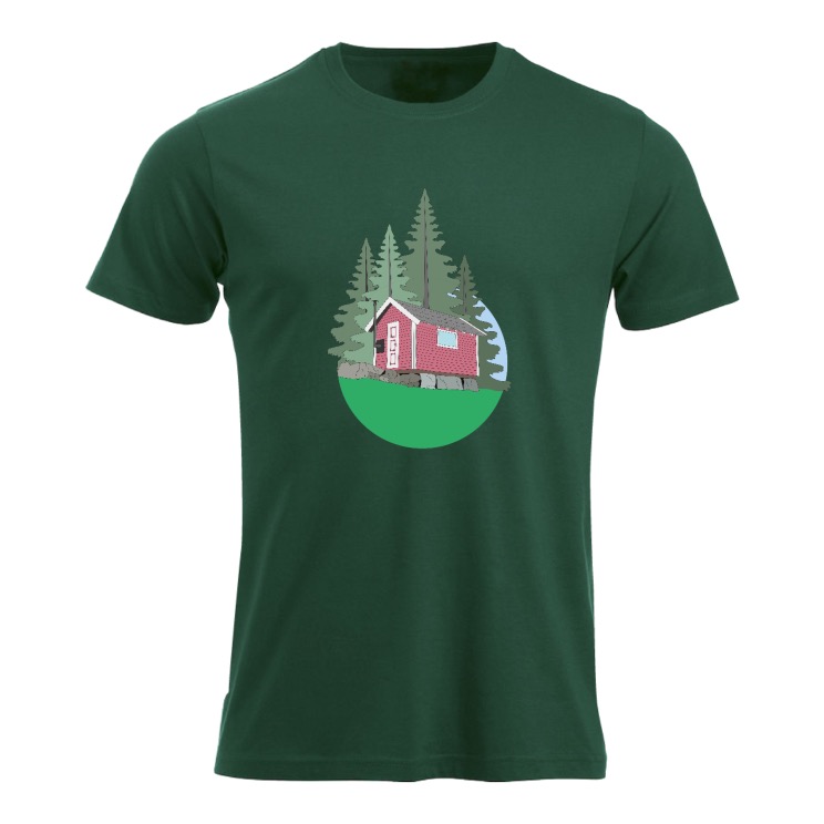 T-skjorte med illustrasjon av Ben Ward`s hytte, stort print forran.