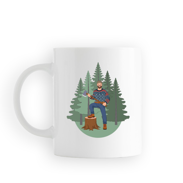 Kaffikopp med illustrasjon av Ben Ward som holder en øks.