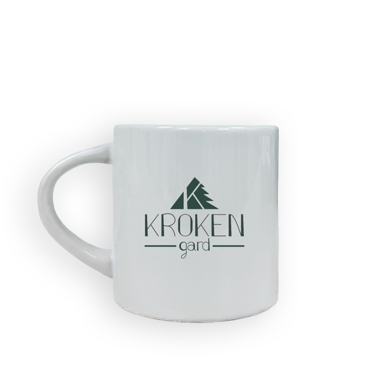 Kaffi kopp med trykk av Kroken gard logo.