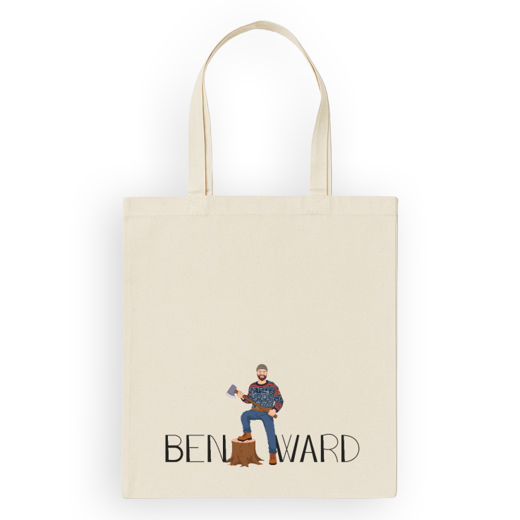Berenett/ totebag med illustrasjon av Ben Ward som holder en øks.