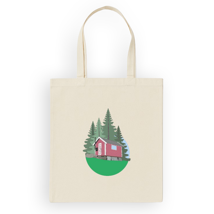 Bærenett/totebag med illustrasjon av Ben Wards hytte.