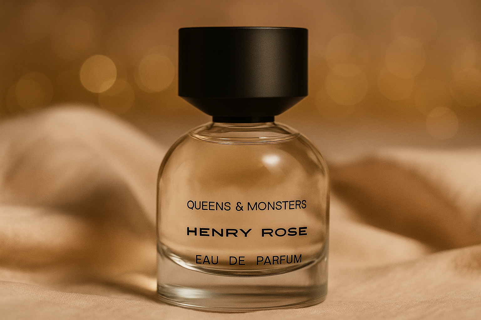 Henry Rose Queens & Monsters perfume bottle with minimalist black cap and clear glass, set on soft beige fabric with a warm golden bokeh background.