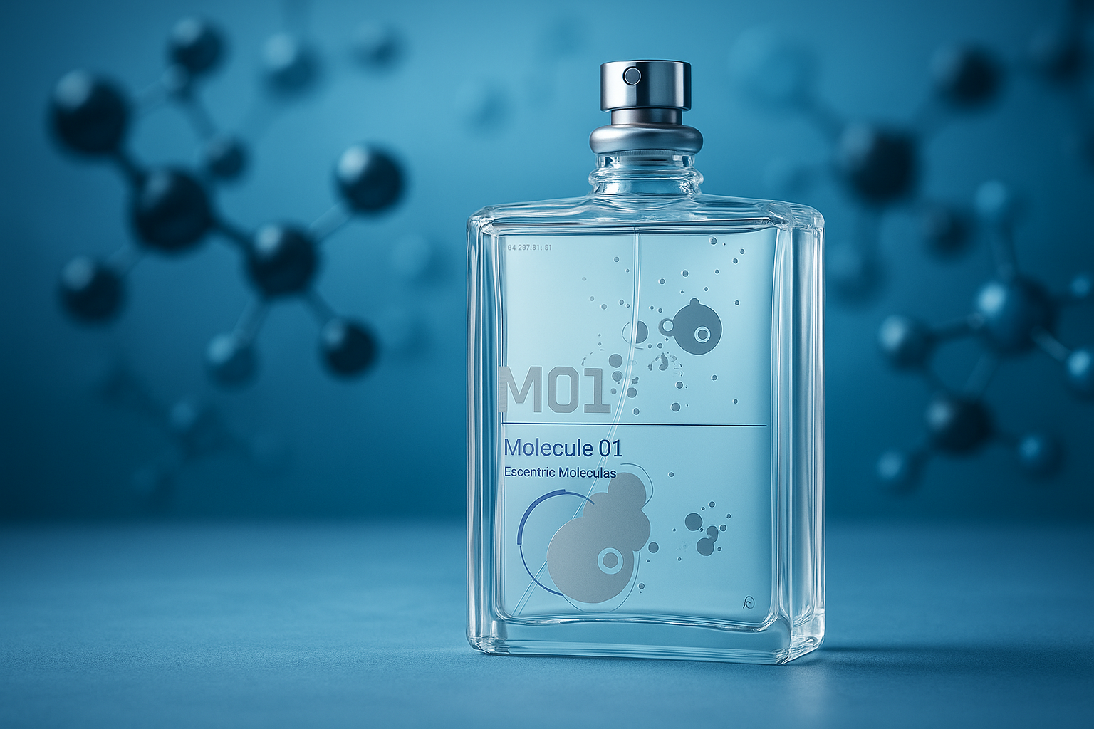 Escentric Molecules Molecule 01 perfume bottle with modern clear glass and molecule graphics, displayed in front of a blue scientific molecular background, wide-format layout