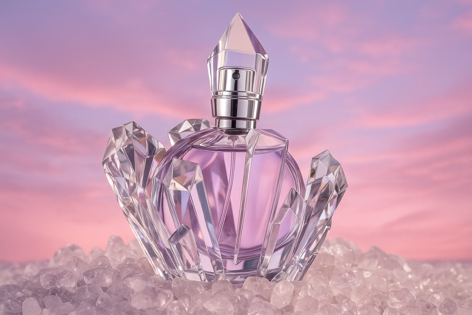 Realistic Ariana Grande R.E.M. perfume bottle with lavender liquid and crystal-shaped base and cap, set on ice-like crystals against a pastel pink and purple sky background, with no visible text.