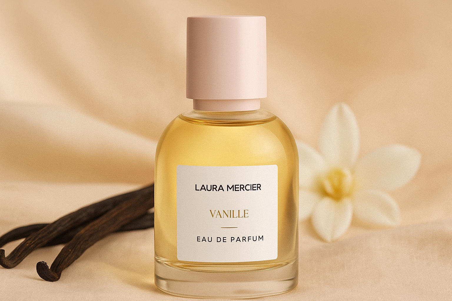 Laura Mercier Vanille Eau de Parfum bottle with golden liquid and soft pink cap, surrounded by vanilla pods and a white vanilla flower on a beige satin background.