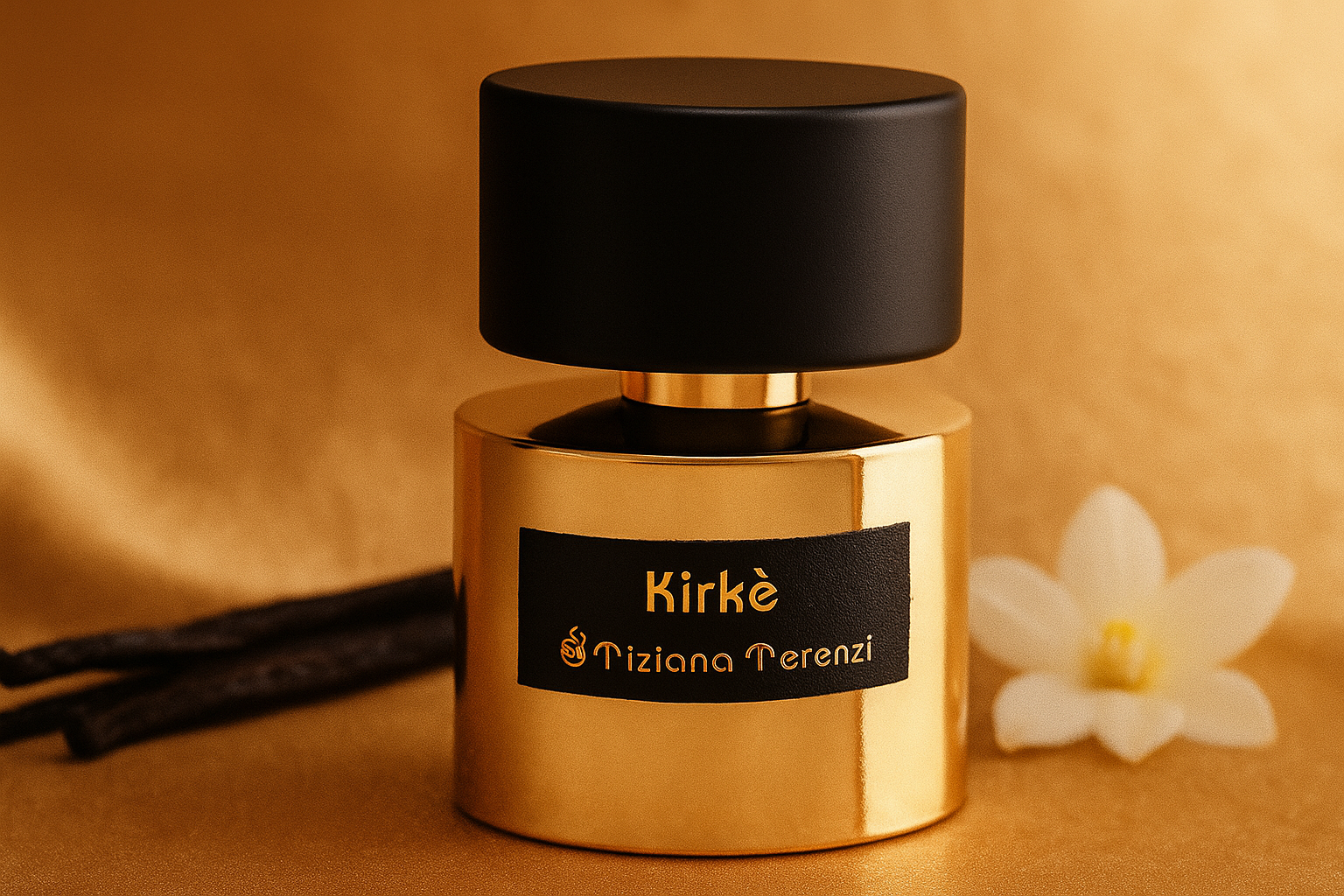 Tiziana Terenzi Kirke perfume bottle with a reflective gold cylindrical body and matte black cap, placed on a golden satin surface beside vanilla pods and a white flower.