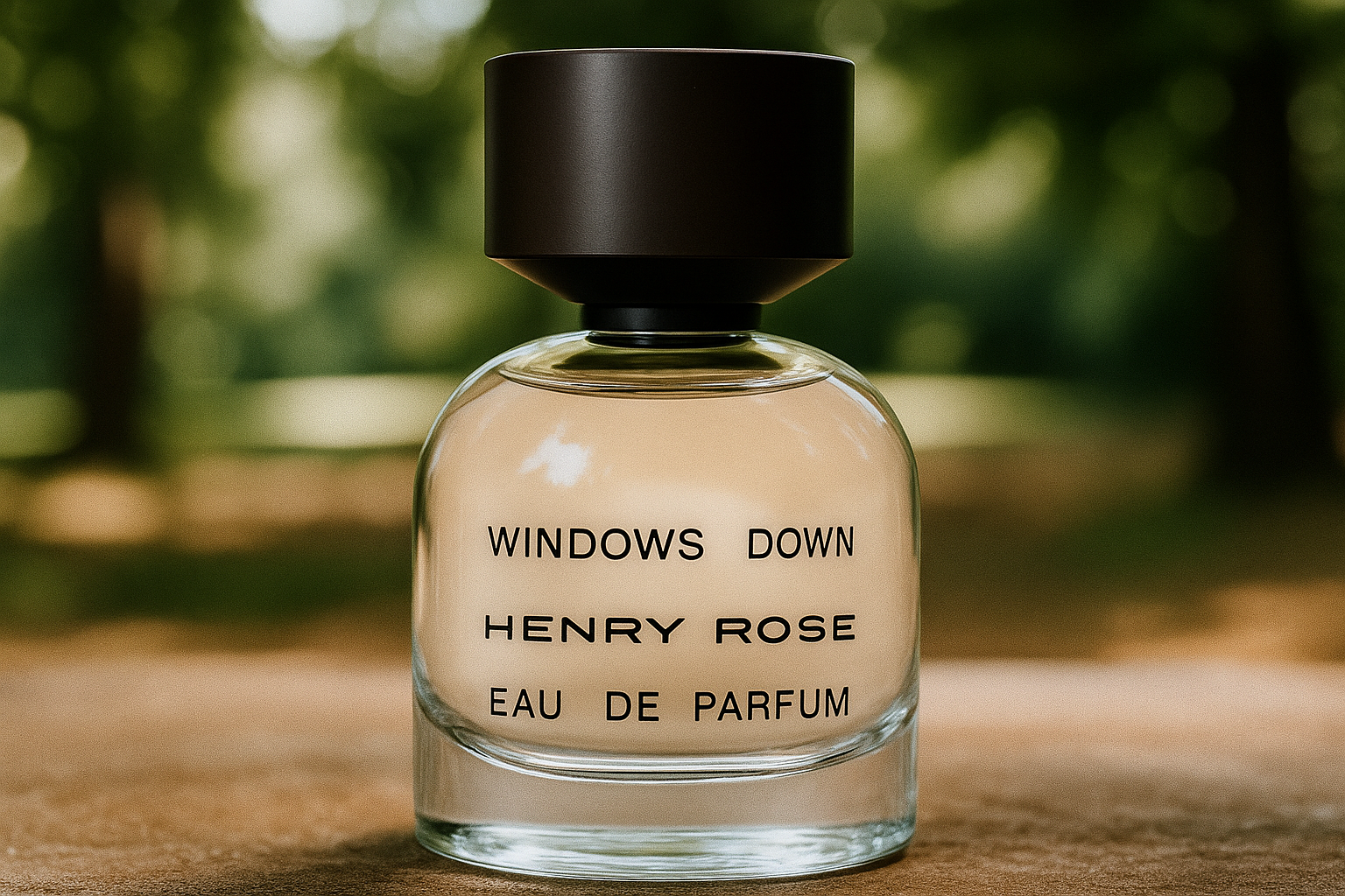Henry Rose Windows Down perfume bottle with minimalist black text and dark cap, placed on a wooden surface with a blurred green forest background.