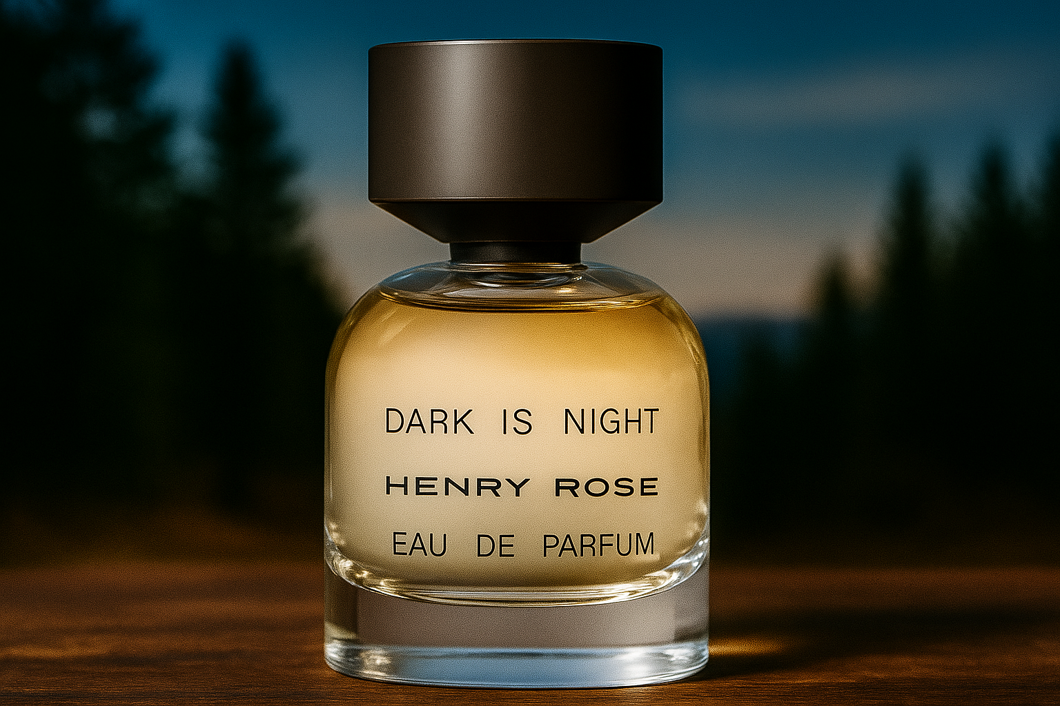 Henry Rose Dark Is Night perfume bottle with soft amber liquid and black cap, displayed on wood with a forest silhouette and twilight sky in the background.