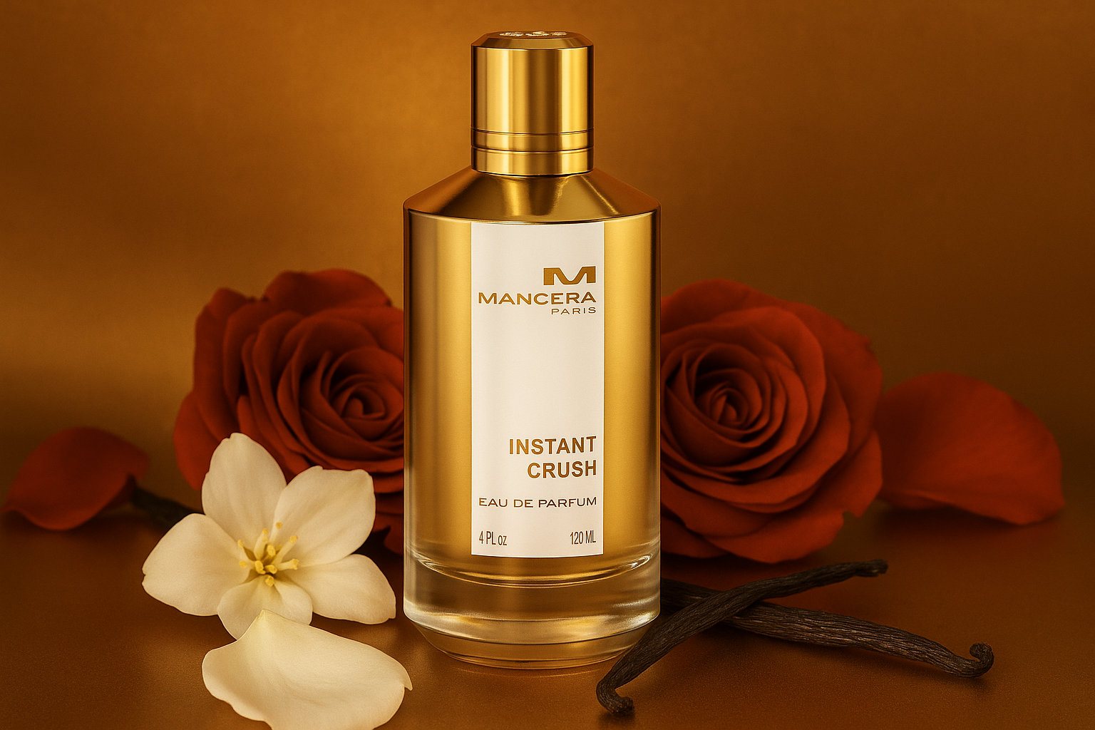 Mancera Instant Crush perfume bottle with golden cap, placed among red roses, white petals, and vanilla beans on a warm golden background.