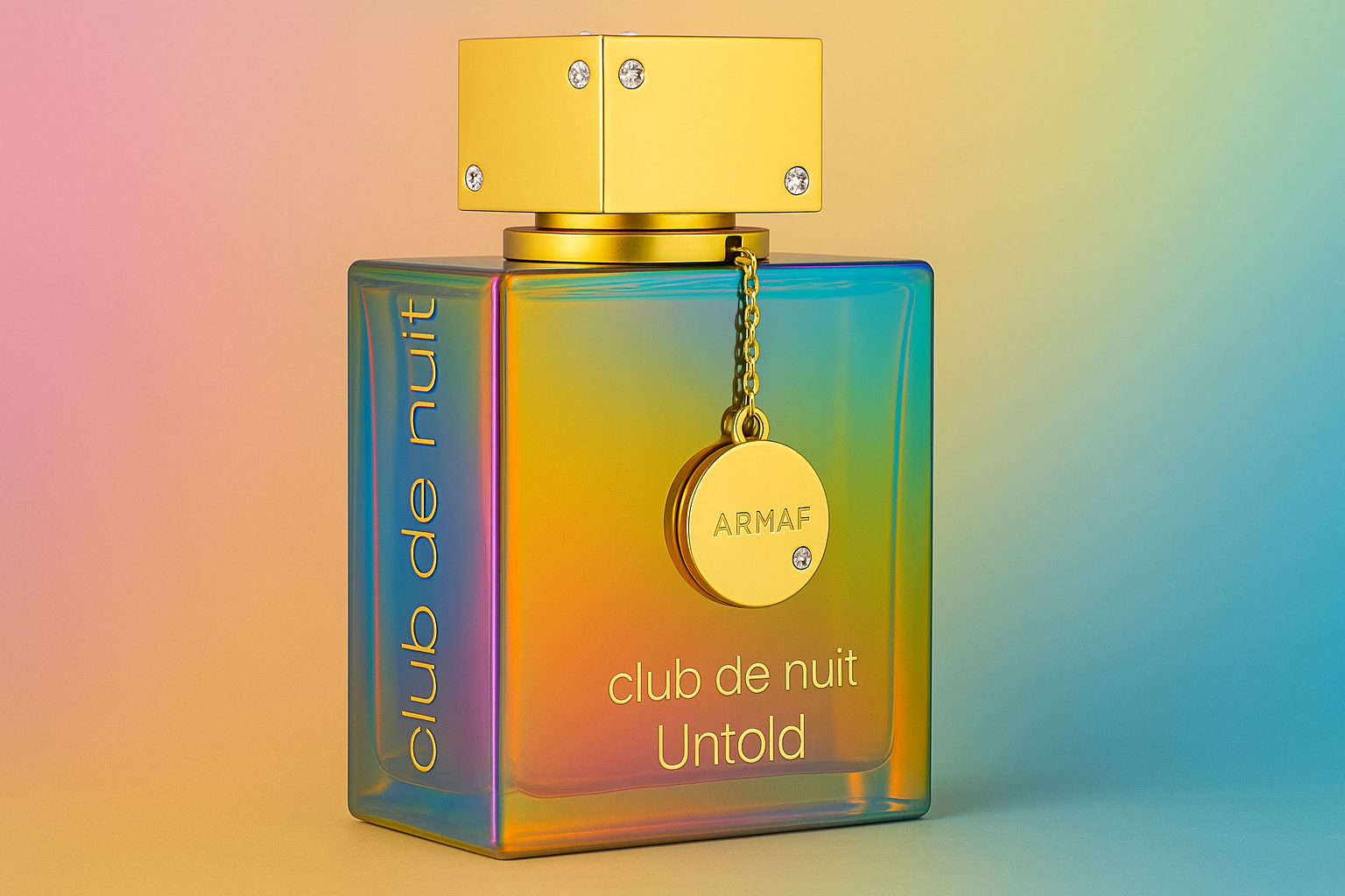 Club de Nuit Untold perfume bottle by Armaf with iridescent glass and a gold cap, set against a colourful gradient background.