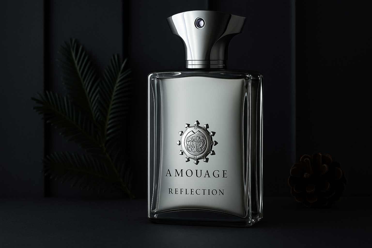 Amouage Reflection Man perfume bottle with silver cap, set against a dark masculine background with pine leaves and a pinecone.