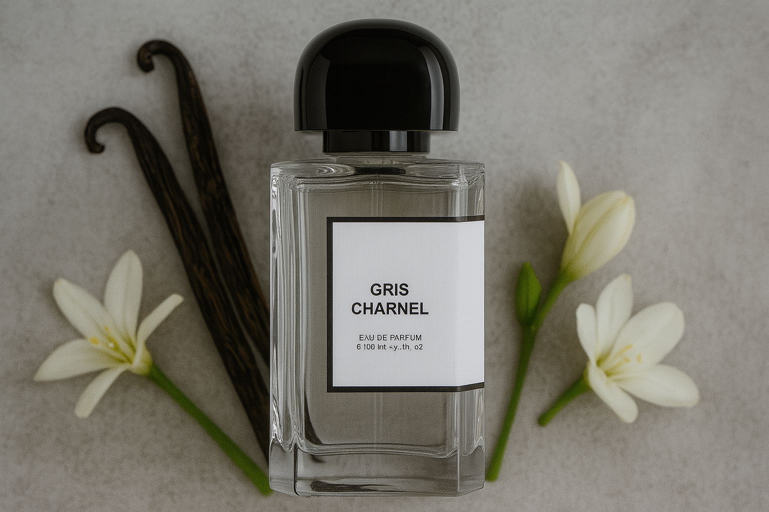 Gris Charnel BDK Parfums bottle with black cap, surrounded by vanilla pods and white flowers on a soft grey background.