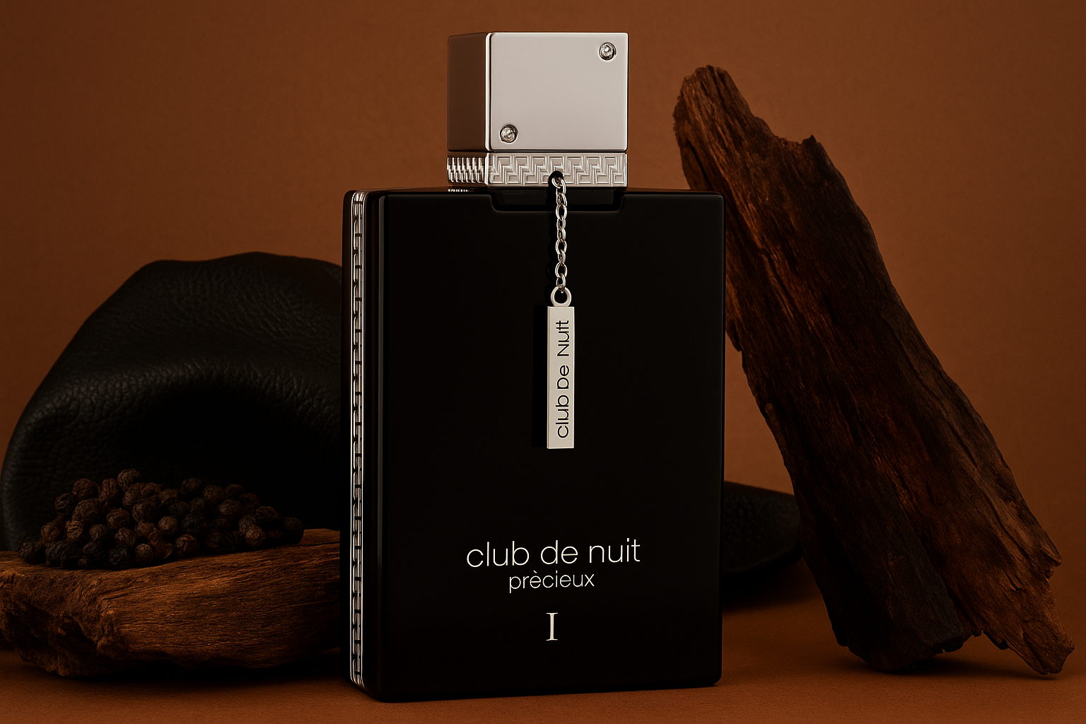  Armaf Club de Nuit Precieux I bottle with silver chain, surrounded by black pepper, leather, and wood on a brighter brown background.
