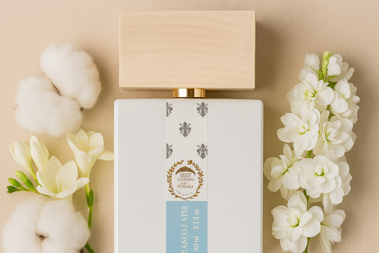 Bianco Latte perfume bottle by Giardini di Toscana, with white flowers and cotton on a beige background.