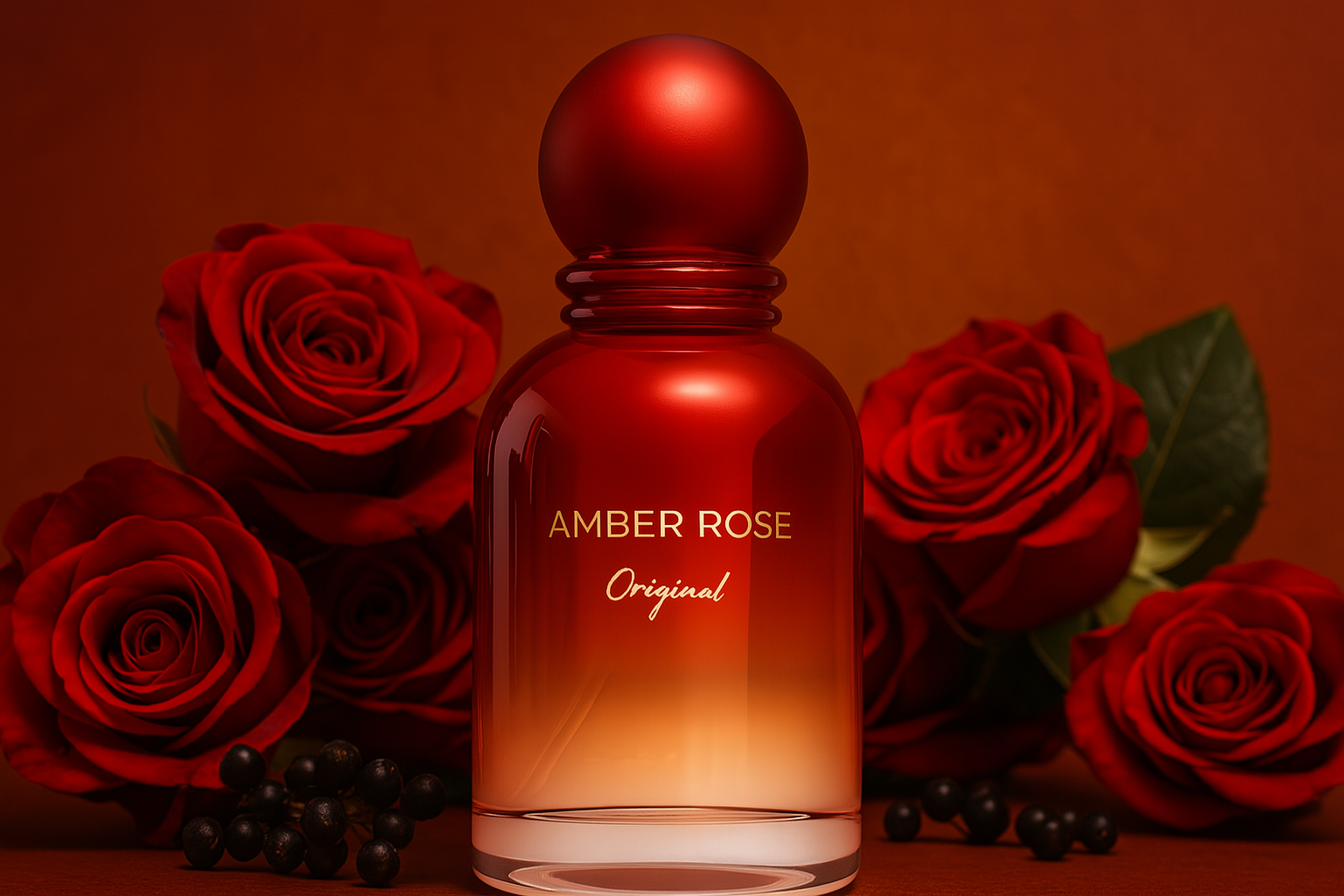 image of the "Amber Rose Original" perfume by Sunnamusk, featuring a red ombré glass bottle with a rounded cap, set against a background inspired by warm amber and rose tones.